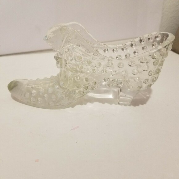 Fenton Clear Glass Hobnail Shoe Slipper with Cat head - Partial Opalescent - Picture 11 of 12